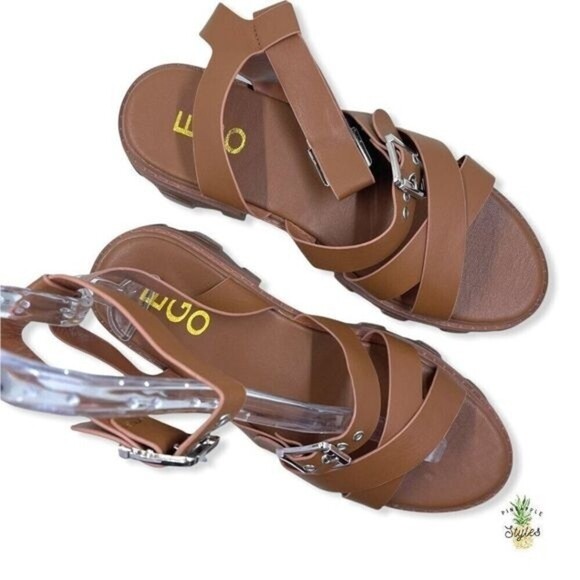 EGO Buckle Ankle Strap Chunky Faux Leather Brown Sandals - Picture 5 of 8